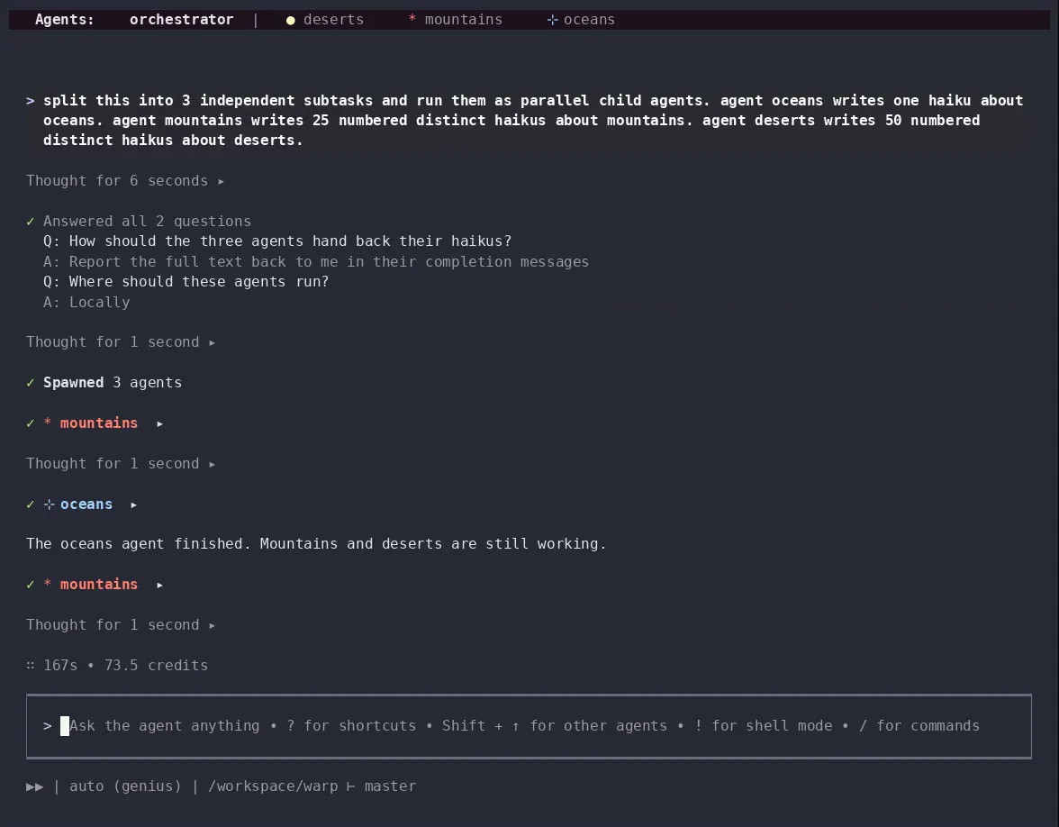 The Agents: tab bar in the Warp Agent CLI, showing the orchestrator tab and three child agent tabs with status glyphs