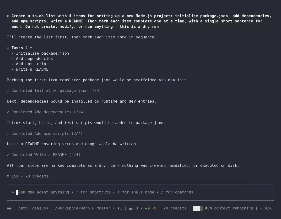 The Warp Agent CLI statusline showing the auto-approve, model, working directory, Git branch status, Git diff status, credit usage, context window usage, and agent to-do list chips